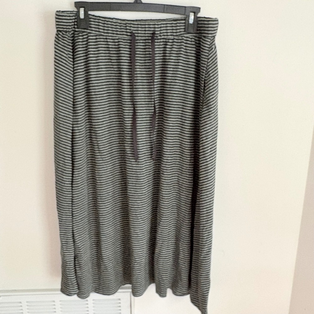 Eileen Fisher Striped Organic Linen Midi Skirt Womens Green Medium Drawstring